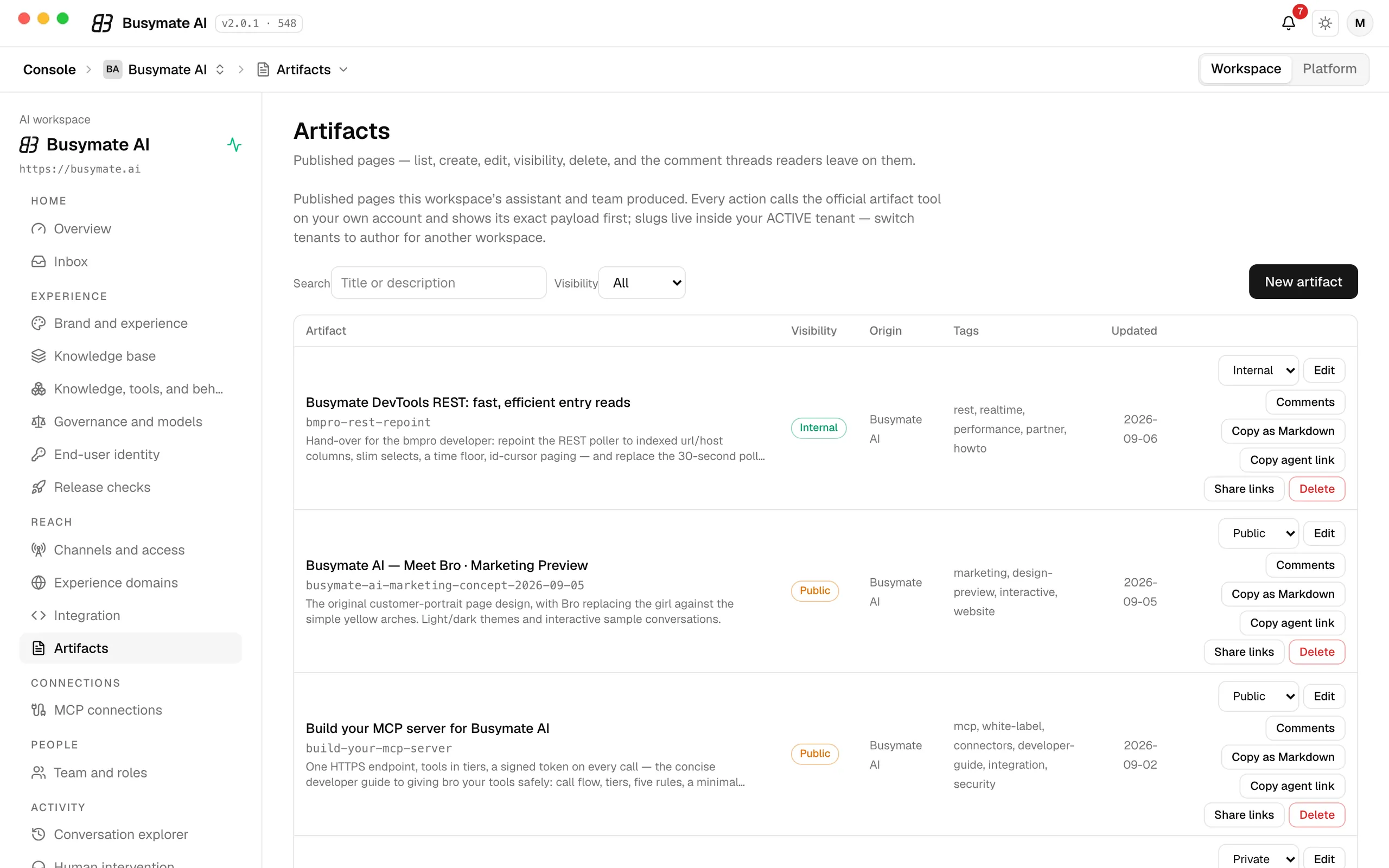 Artifacts: the workspace's published pages with their visibility, origin, tags and dates, and the share, copy-as-Markdown and comment actions.
