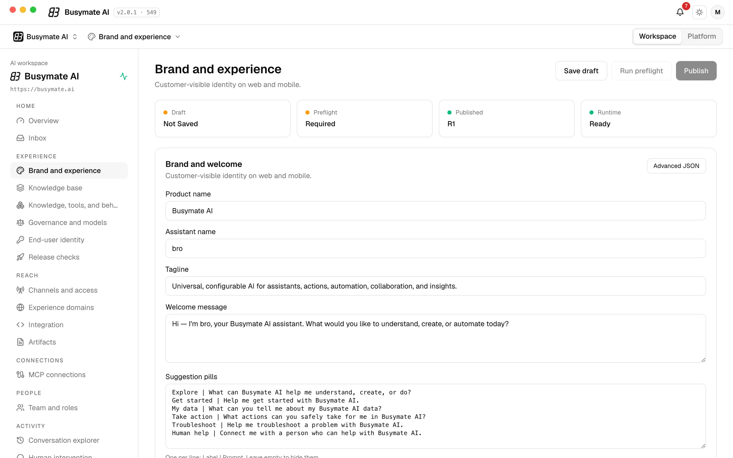 Brand and experience: product name, assistant name, tagline, welcome message and suggestion pills, with the draft, preflight and publish states.
