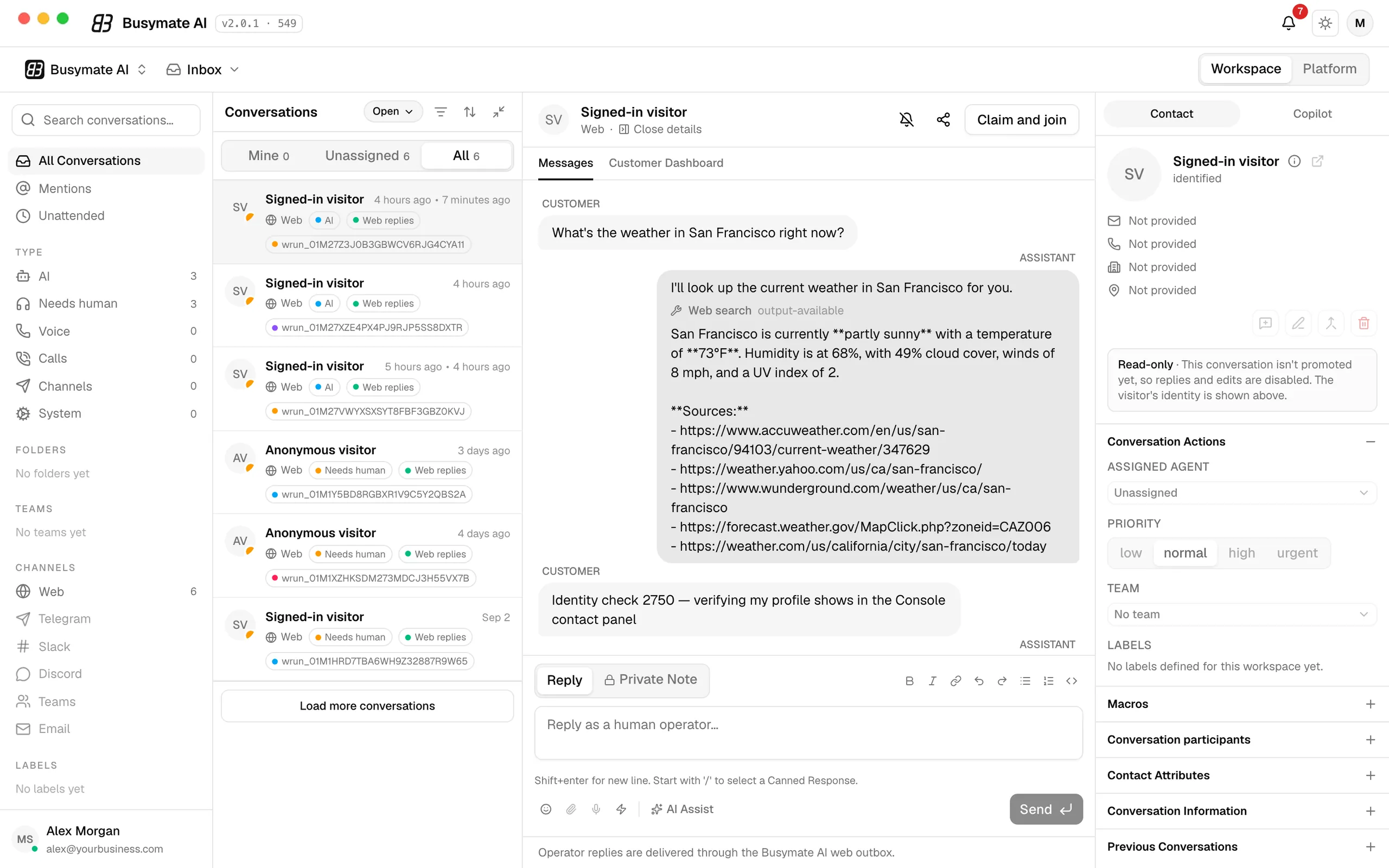 The Inbox in the Busymate AI desktop app: conversations from every channel in one list, one selected with its full thread and contact panel.