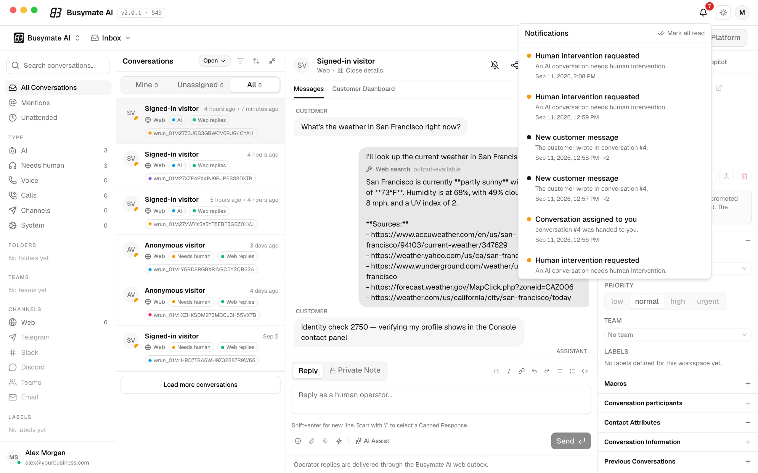 The Console's notification panel open over the Inbox: human intervention requested, new customer message, conversation assigned to you.